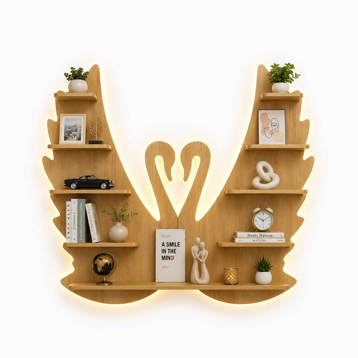 Beautiful Loving Swan Backlit Designer Wooden Wall Shelf / Book Shelf / Night Light, Light Oak Finish