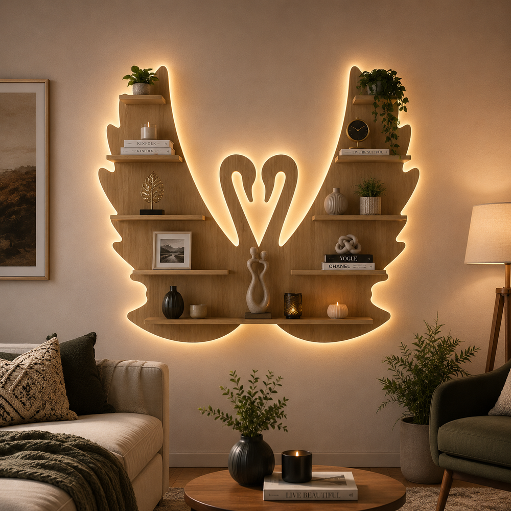 Beautiful Loving Swan Backlit Designer Wooden Wall Shelf / Book Shelf / Night Light, Light Oak Finish
