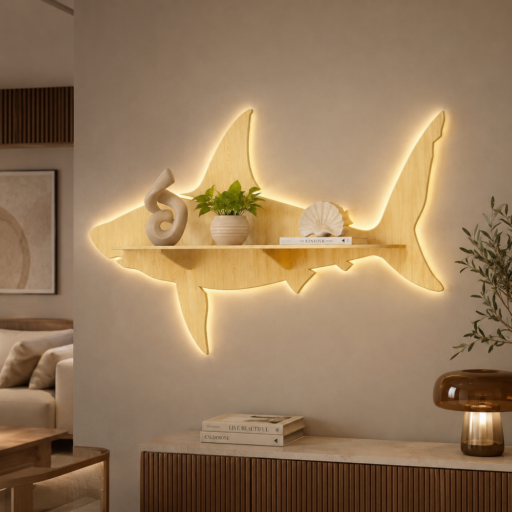 Shark Backlit Designer Wooden Wall Shelf / Book Shelf / Night Light, Light Oak Finish