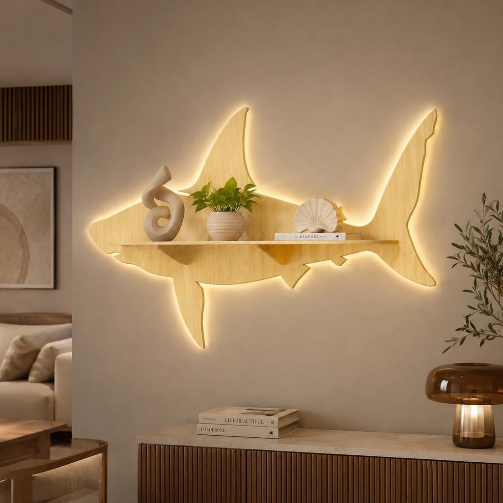 Shark Backlit Designer Wooden Wall Shelf / Book Shelf / Night Light, Light Oak Finish