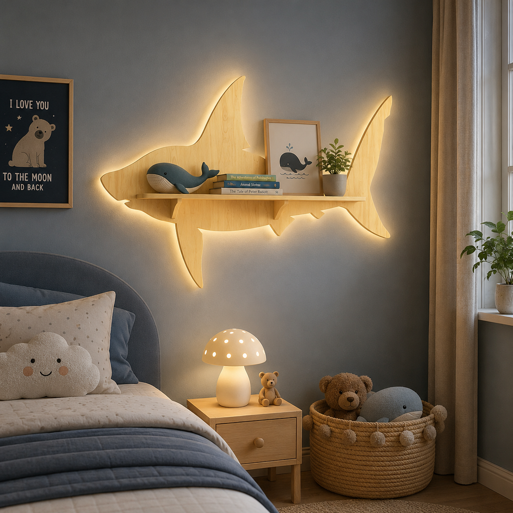 Shark Backlit Designer Wooden Wall Shelf / Book Shelf / Night Light, Light Oak Finish
