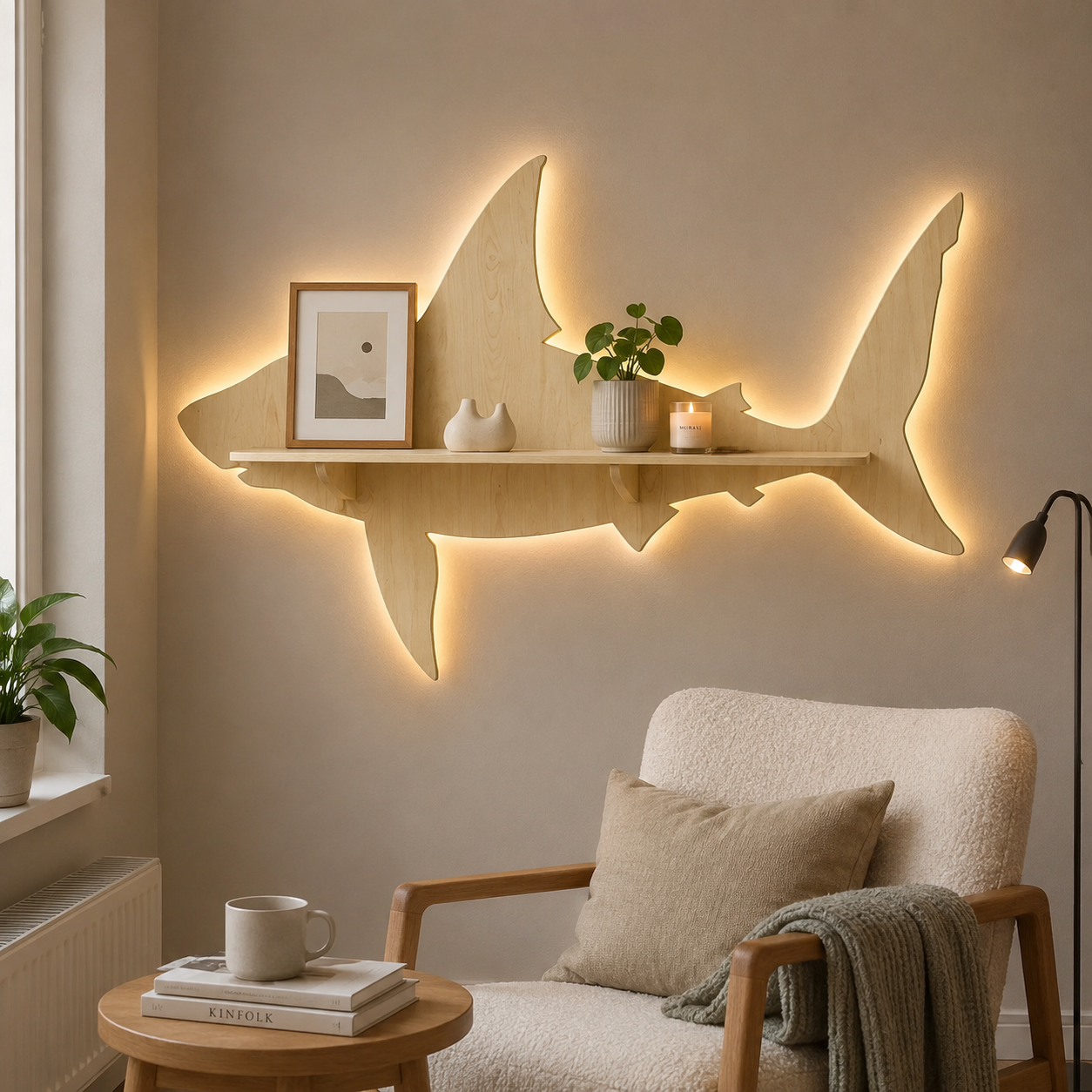 Shark Backlit Designer Wooden Wall Shelf / Book Shelf / Night Light, Light Oak Finish