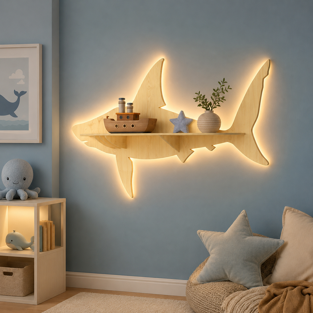 Shark Backlit Designer Wooden Wall Shelf / Book Shelf / Night Light, Light Oak Finish