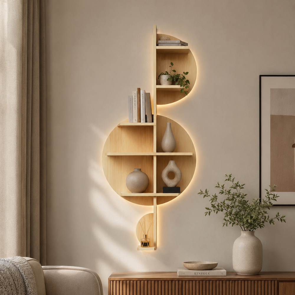 Music Note Backlit Designer Wooden Wall Shelf / Book Shelf / Night Light, Light Oak Finish