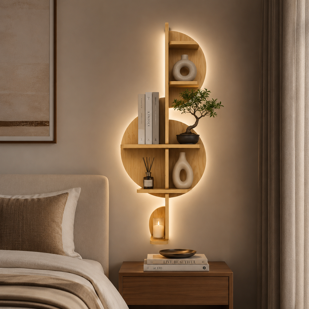 Music Note Backlit Designer Wooden Wall Shelf / Book Shelf / Night Light, Light Oak Finish