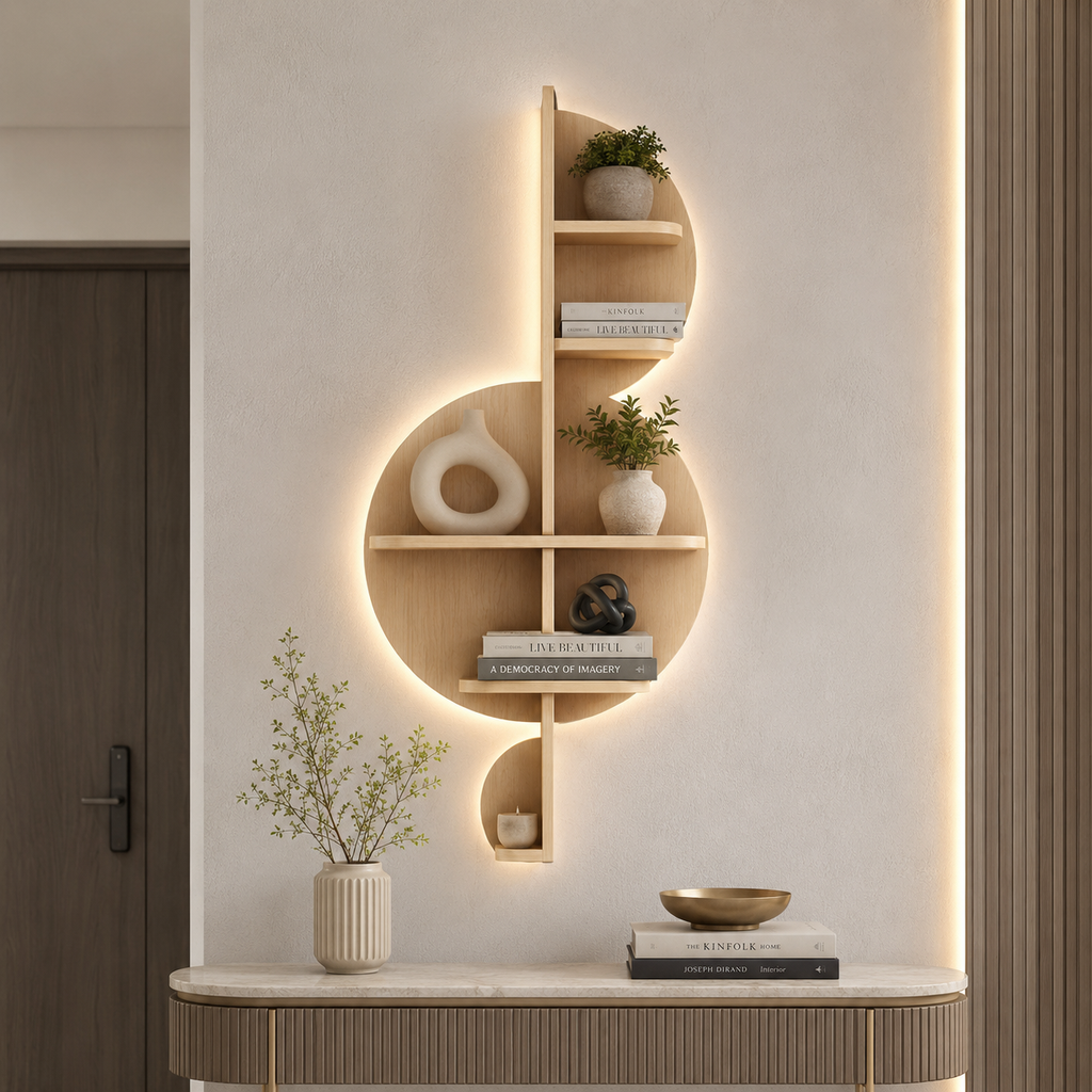 Music Note Backlit Designer Wooden Wall Shelf / Book Shelf / Night Light, Light Oak Finish