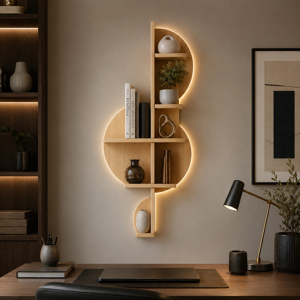 Music Note Backlit Designer Wooden Wall Shelf / Book Shelf / Night Light, Light Oak Finish