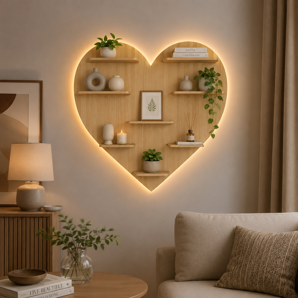 Heart Backlit Designer Wooden Wall Shelf / Book Shelf / Night Light, Light Oak Finish