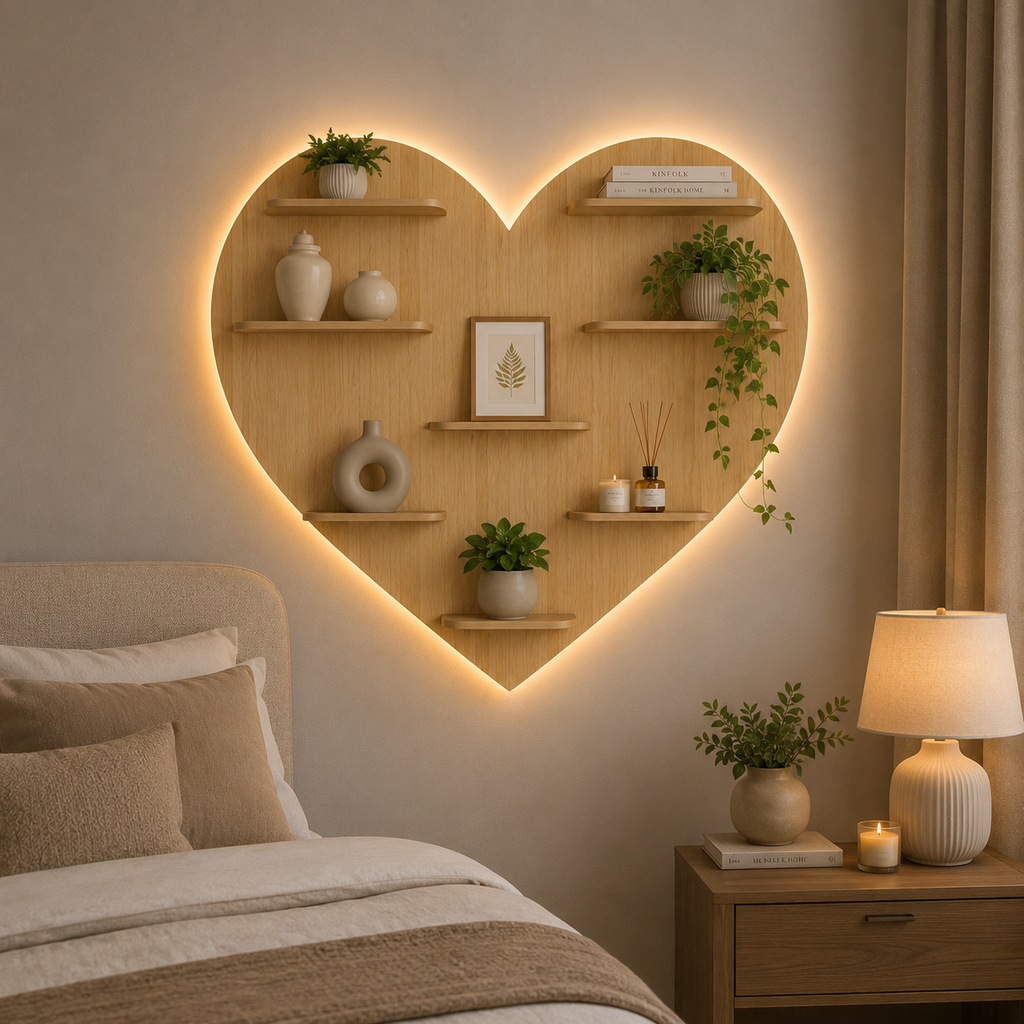 Heart Backlit Designer Wooden Wall Shelf / Book Shelf / Night Light, Light Oak Finish