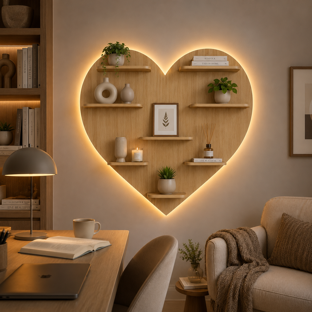 Heart Backlit Designer Wooden Wall Shelf / Book Shelf / Night Light, Light Oak Finish