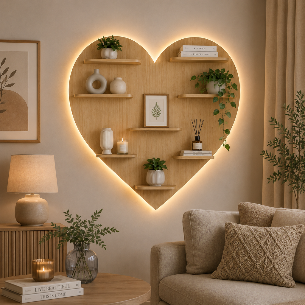 Heart Backlit Designer Wooden Wall Shelf / Book Shelf / Night Light, Light Oak Finish
