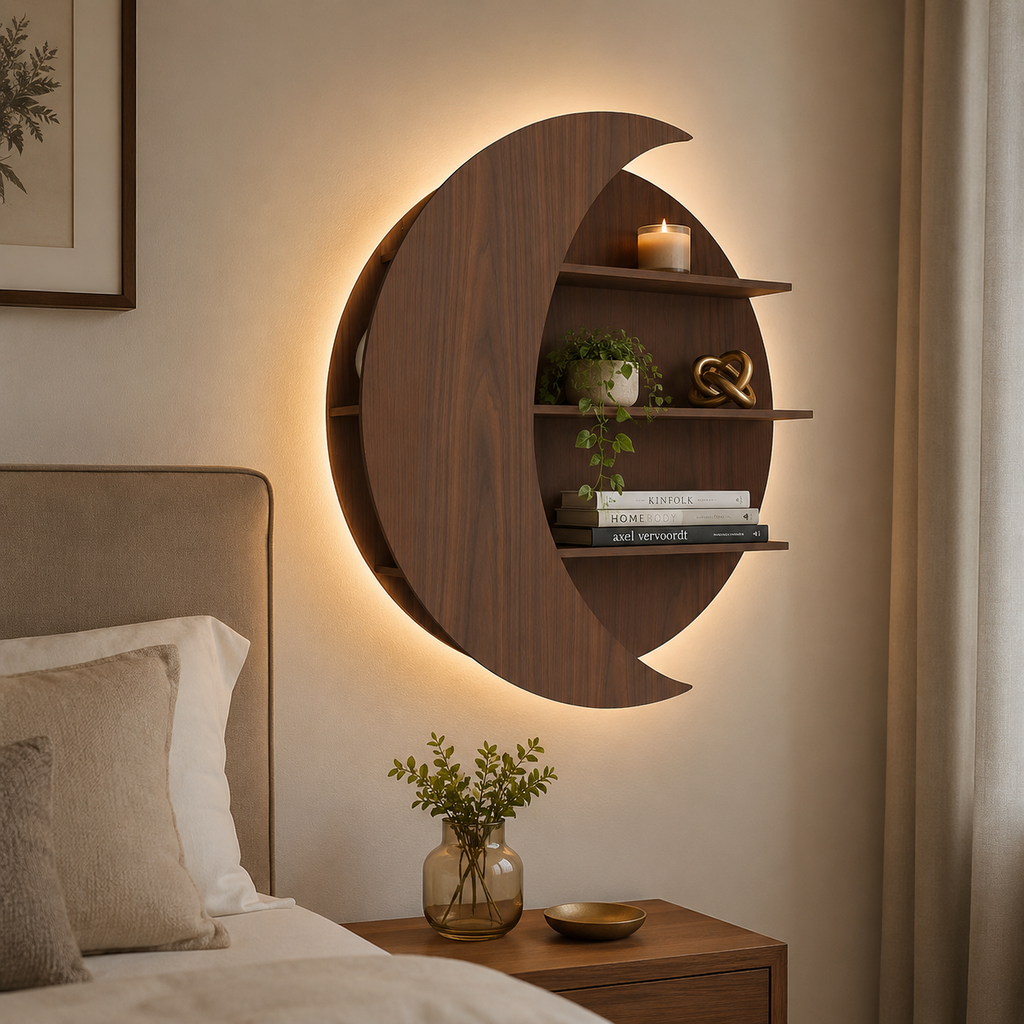 Moon Shape Designer Wooden Wall Shelf / Book Shelf, Walnut Finish