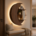 Moon Shape Designer Wooden Wall Shelf / Book Shelf, Walnut Finish