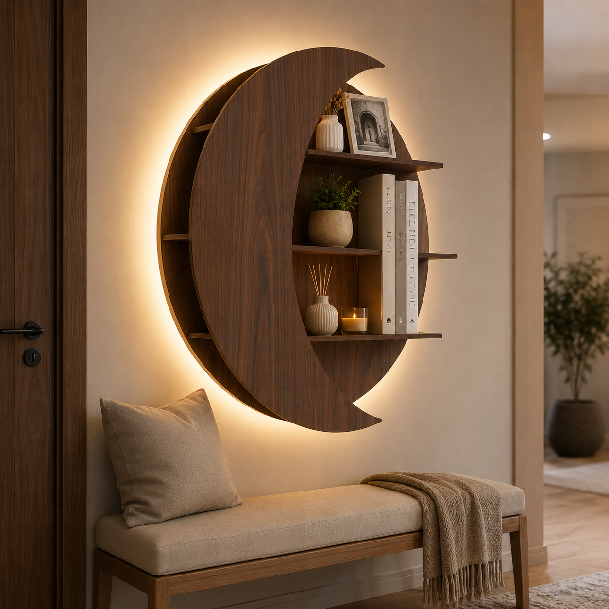 Moon Shape Designer Wooden Wall Shelf / Book Shelf, Walnut Finish