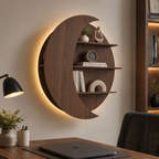 Moon Shape Designer Wooden Wall Shelf / Book Shelf, Walnut Finish