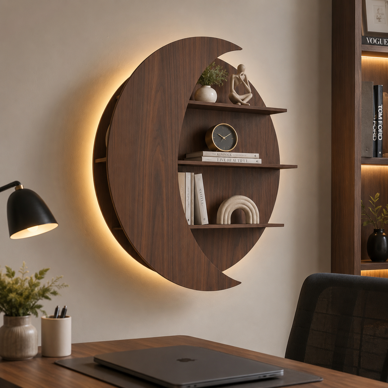 Moon Shape Designer Wooden Wall Shelf / Book Shelf, Walnut Finish