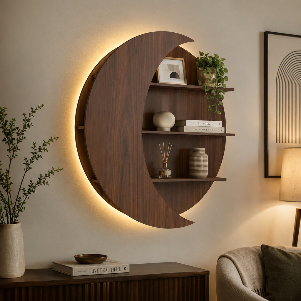 Moon Shape Designer Wooden Wall Shelf / Book Shelf, Walnut Finish