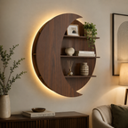 Moon Shape Designer Wooden Wall Shelf / Book Shelf, Walnut Finish