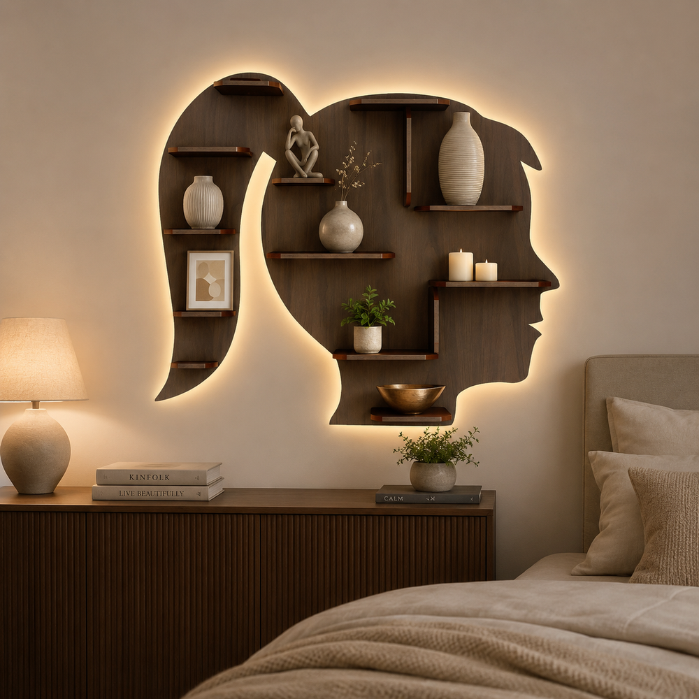 Girl Backlit Designer Wooden Wall Shelf / Book Shelf / Night Light, Walnut Finish