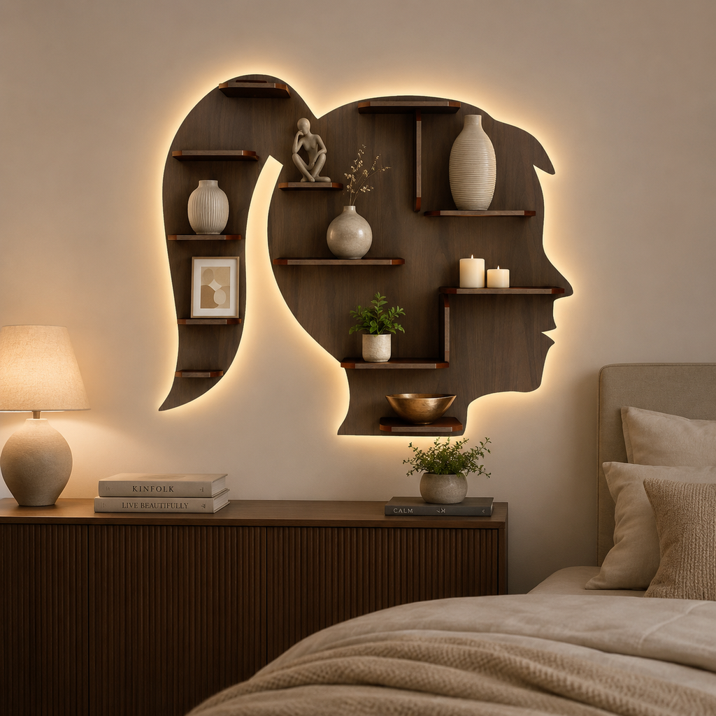 Girl Backlit Designer Wooden Wall Shelf / Book Shelf / Night Light, Walnut Finish