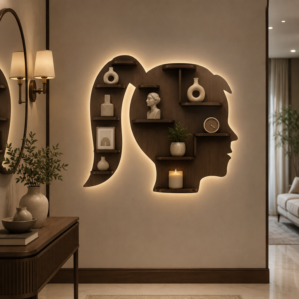 Girl Backlit Designer Wooden Wall Shelf / Book Shelf / Night Light, Walnut Finish