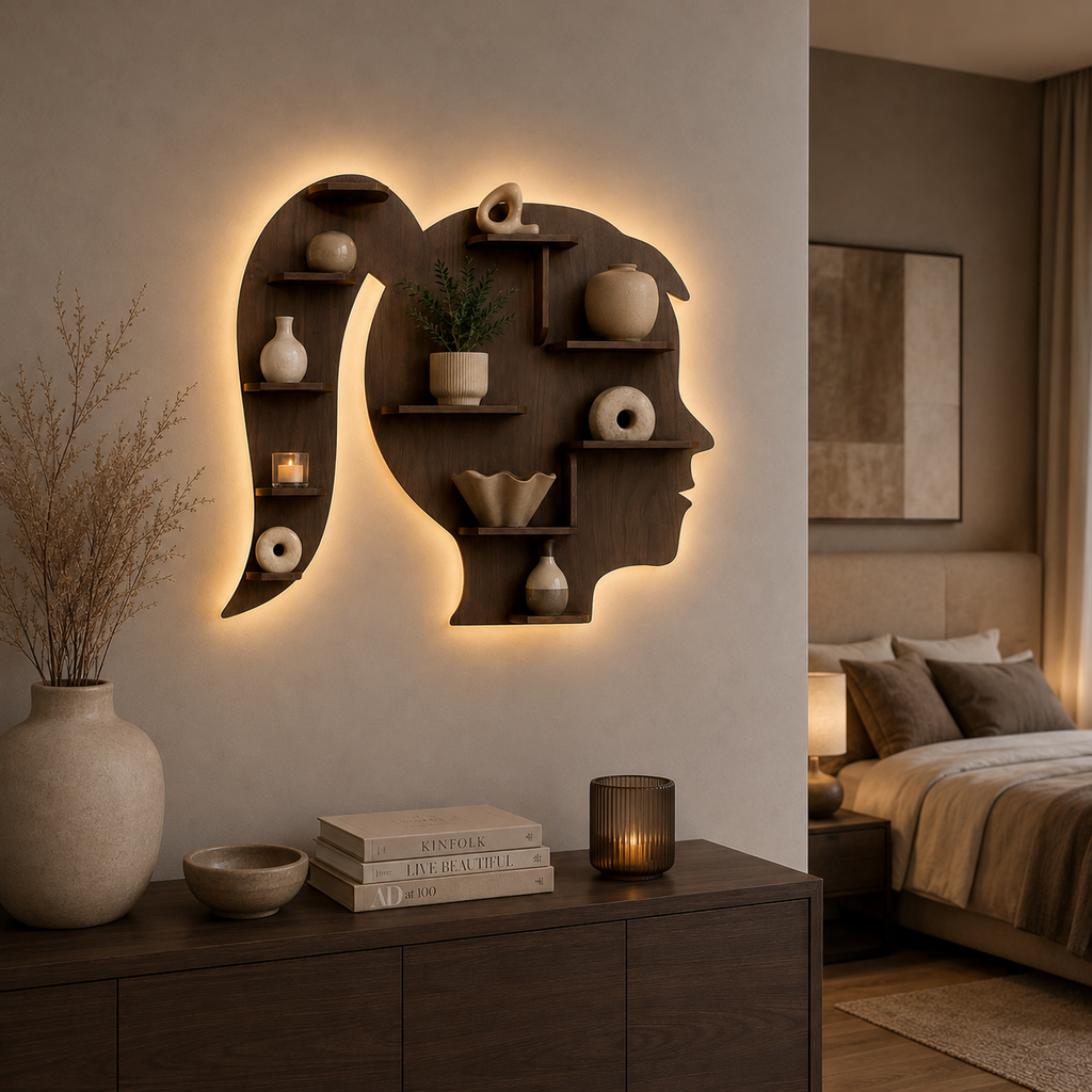Girl Backlit Designer Wooden Wall Shelf / Book Shelf / Night Light, Walnut Finish