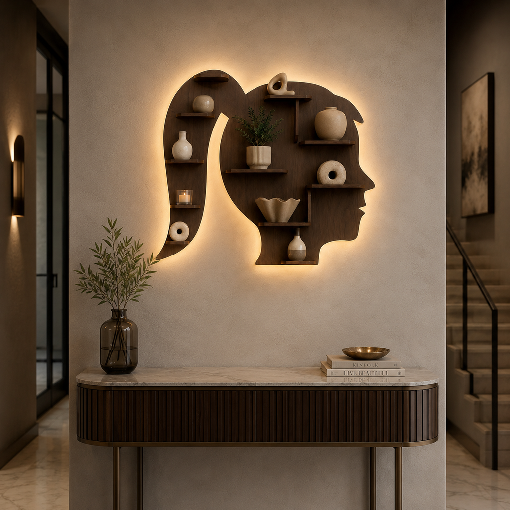Girl Backlit Designer Wooden Wall Shelf / Book Shelf / Night Light, Walnut Finish