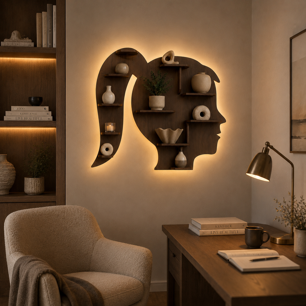 Girl Backlit Designer Wooden Wall Shelf / Book Shelf / Night Light, Walnut Finish