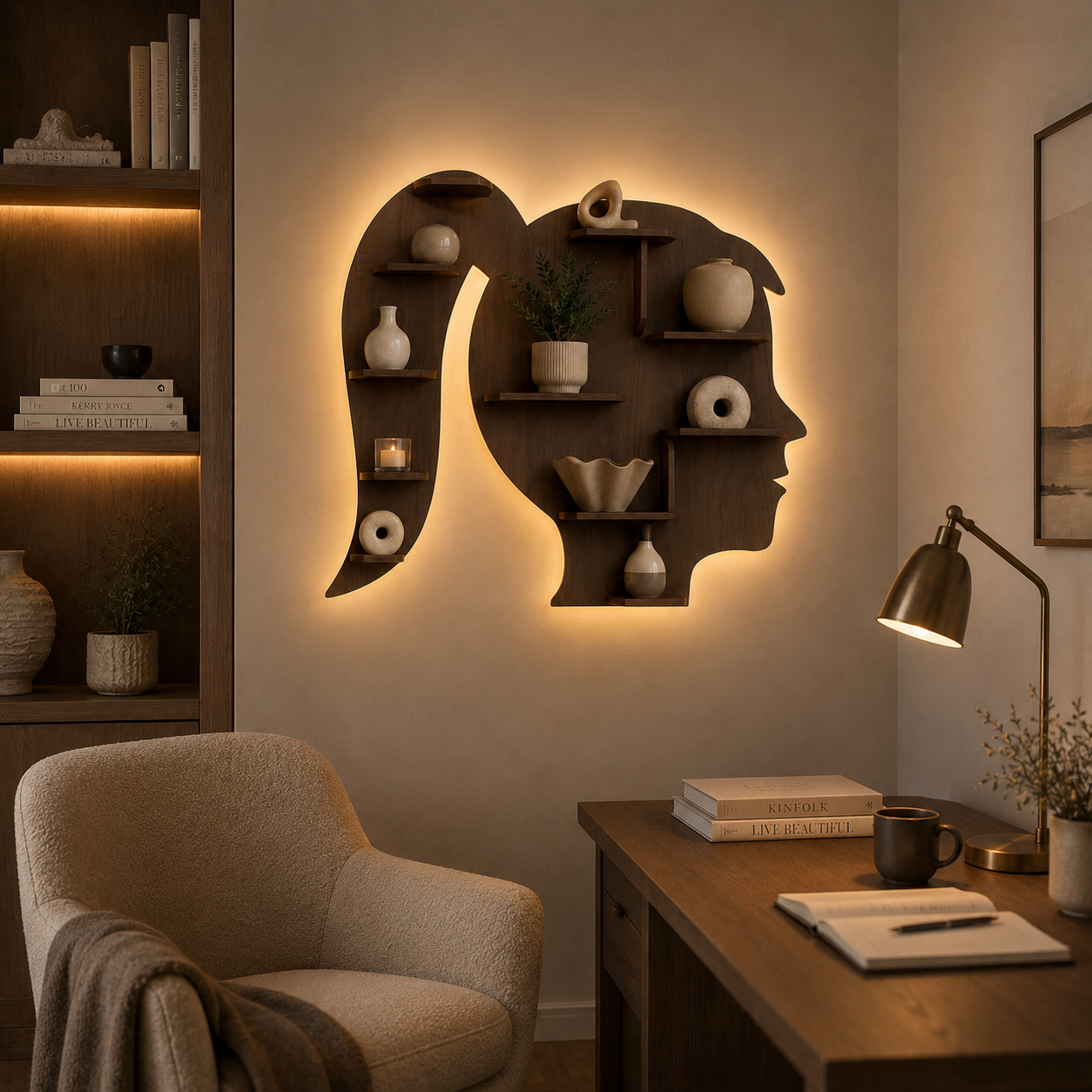 Girl Backlit Designer Wooden Wall Shelf / Book Shelf / Night Light, Walnut Finish