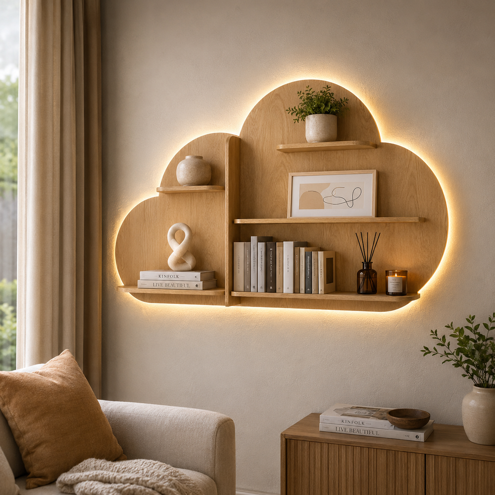 Cloud Shape Backlit Designer Wooden Wall Shelf / Book Shelf / Night Light, Light Oak Finish