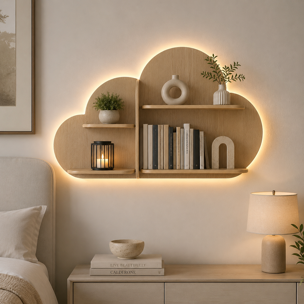 Cloud Shape Backlit Designer Wooden Wall Shelf / Book Shelf / Night Light, Light Oak Finish