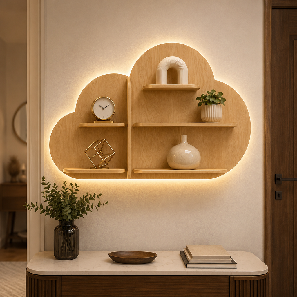 Cloud Shape Backlit Designer Wooden Wall Shelf / Book Shelf / Night Light, Light Oak Finish