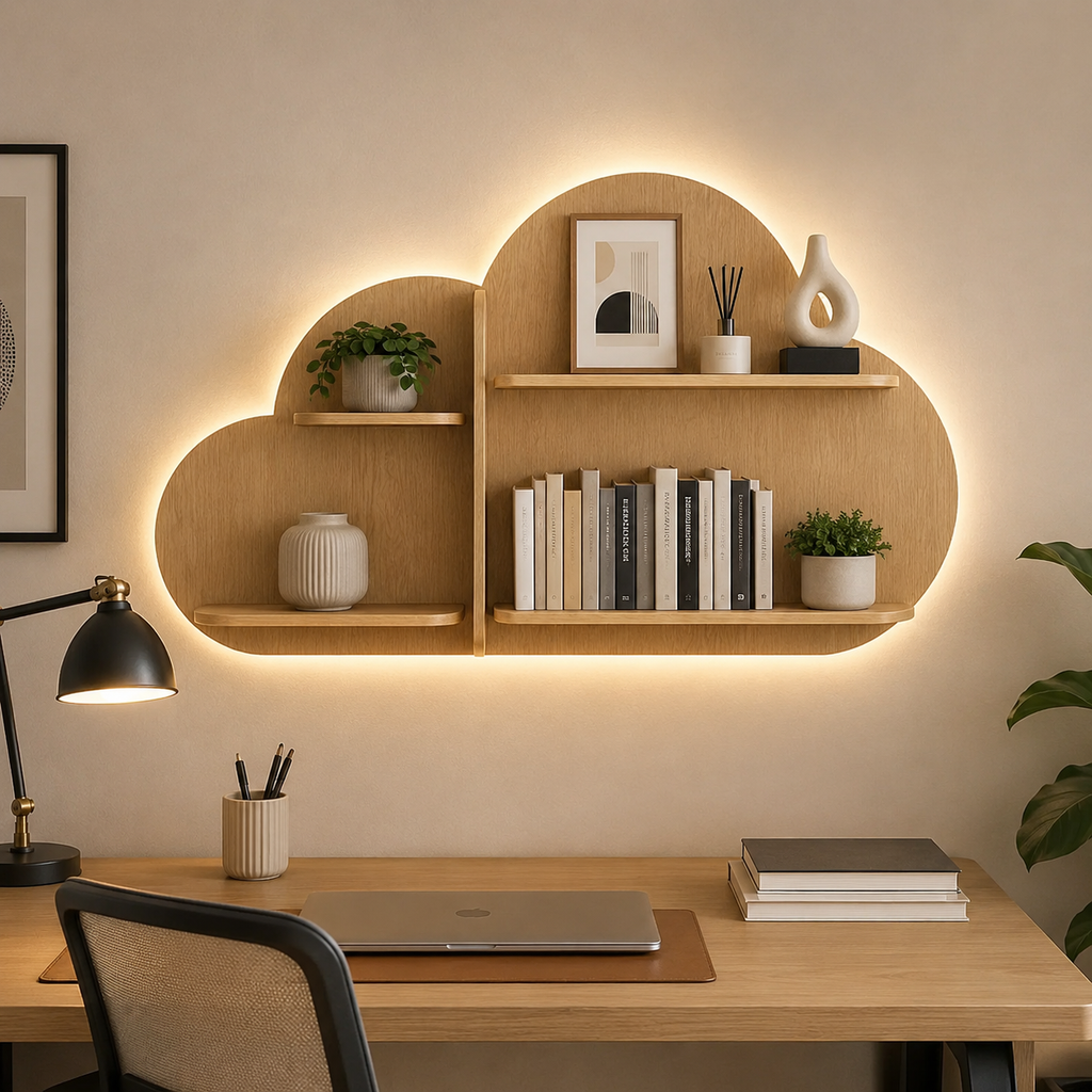 Cloud Shape Backlit Designer Wooden Wall Shelf / Book Shelf / Night Light, Light Oak Finish