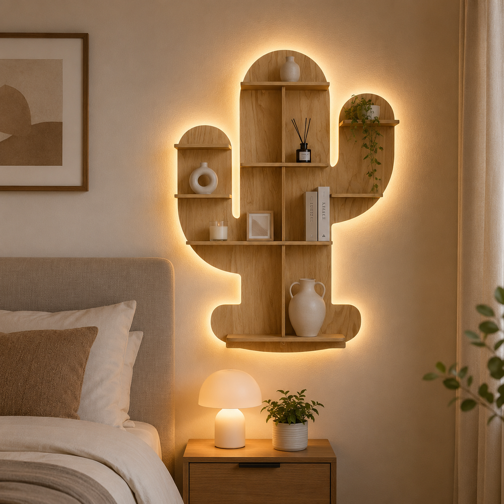 Cactus Shape Designer Wooden Wall Shelf / Book Shelf, Light Oak Finish