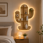 Cactus Shape Designer Wooden Wall Shelf / Book Shelf, Light Oak Finish