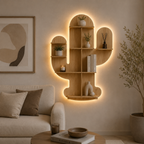 Cactus Shape Designer Wooden Wall Shelf / Book Shelf, Light Oak Finish