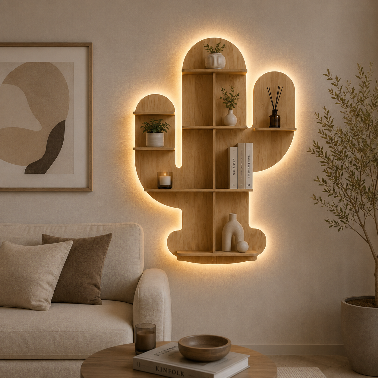 Cactus Shape Designer Wooden Wall Shelf / Book Shelf, Light Oak Finish