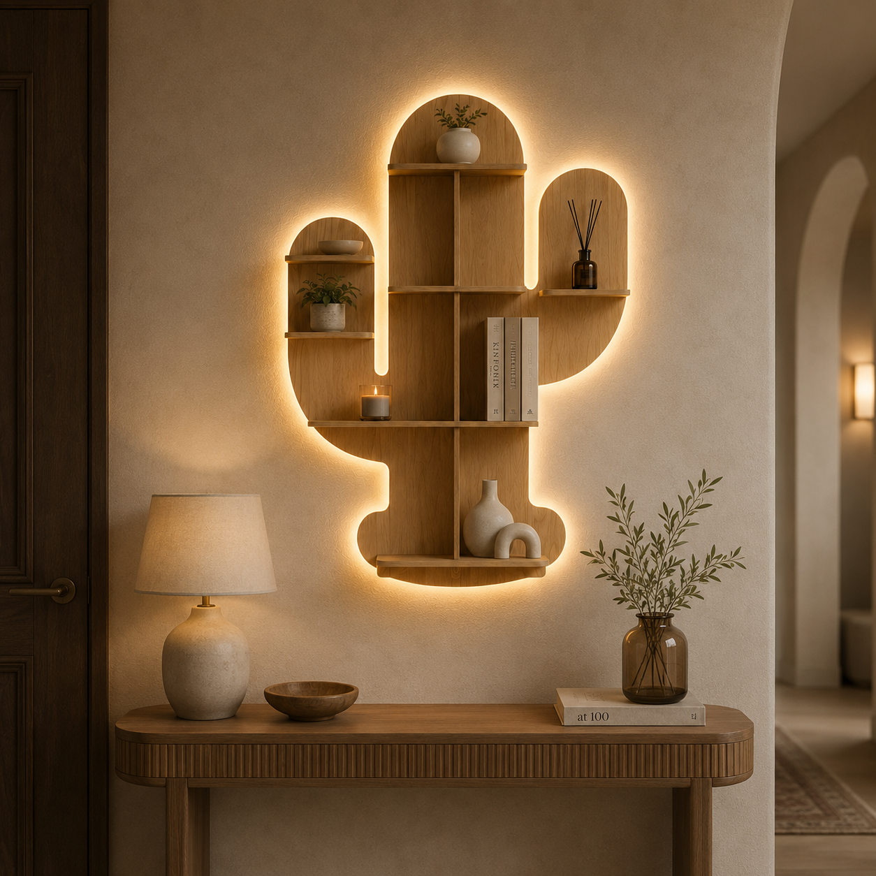Cactus Shape Designer Wooden Wall Shelf / Book Shelf, Light Oak Finish