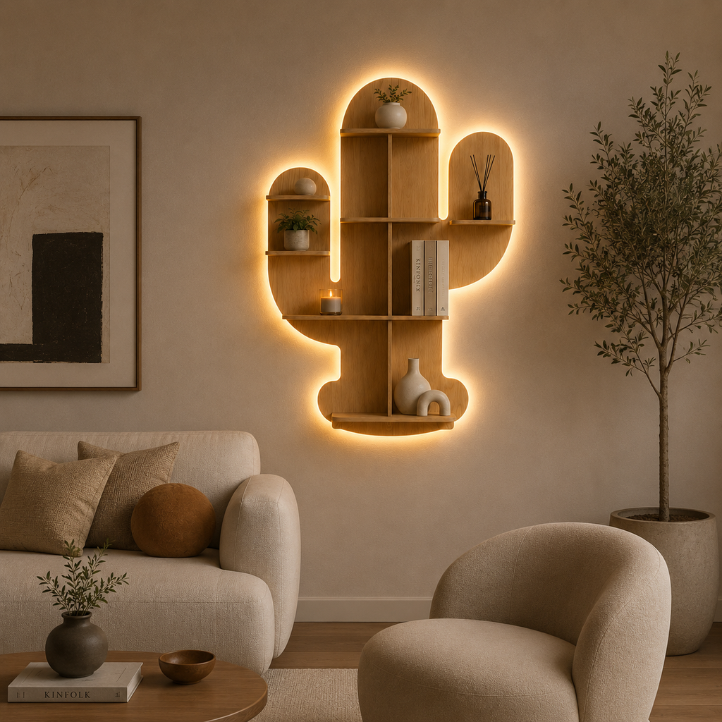 Cactus Shape Designer Wooden Wall Shelf / Book Shelf, Light Oak Finish