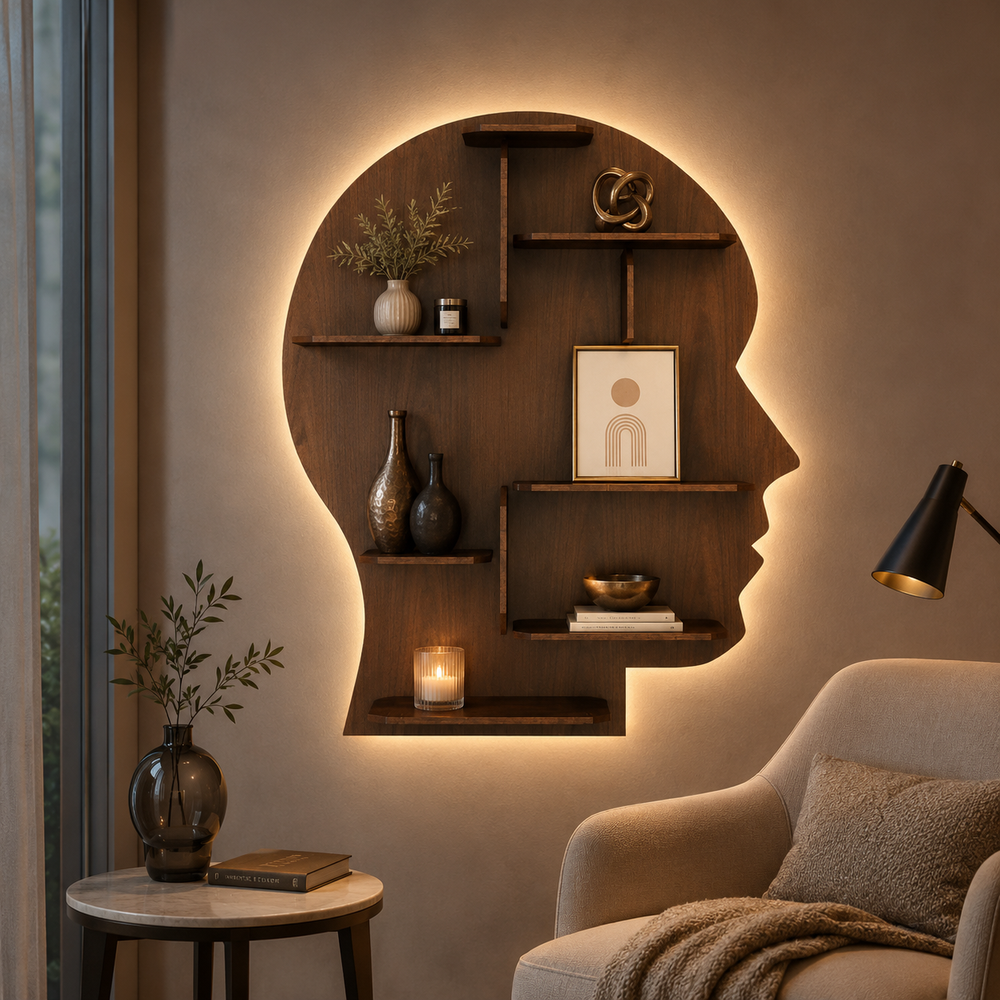 Man Backlit Designer Wooden Wall Shelf / Book Shelf, Walnut Finish