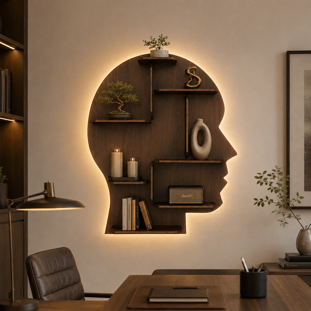 Man Backlit Designer Wooden Wall Shelf / Book Shelf, Walnut Finish