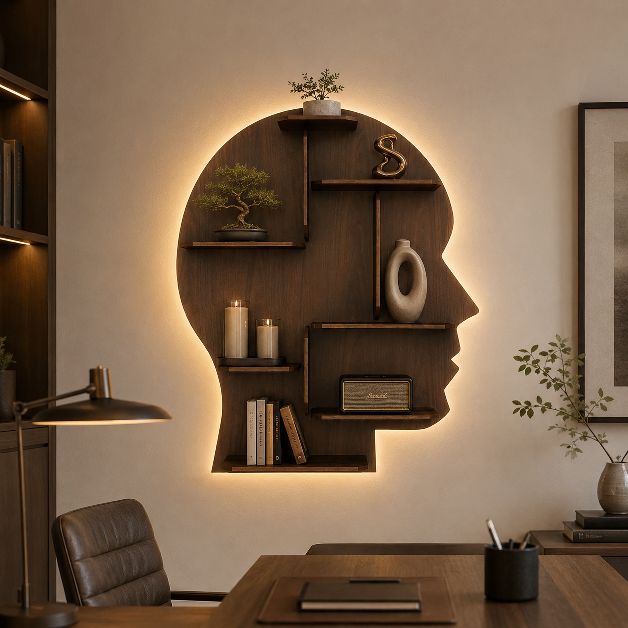 Man Backlit Designer Wooden Wall Shelf / Book Shelf, Walnut Finish