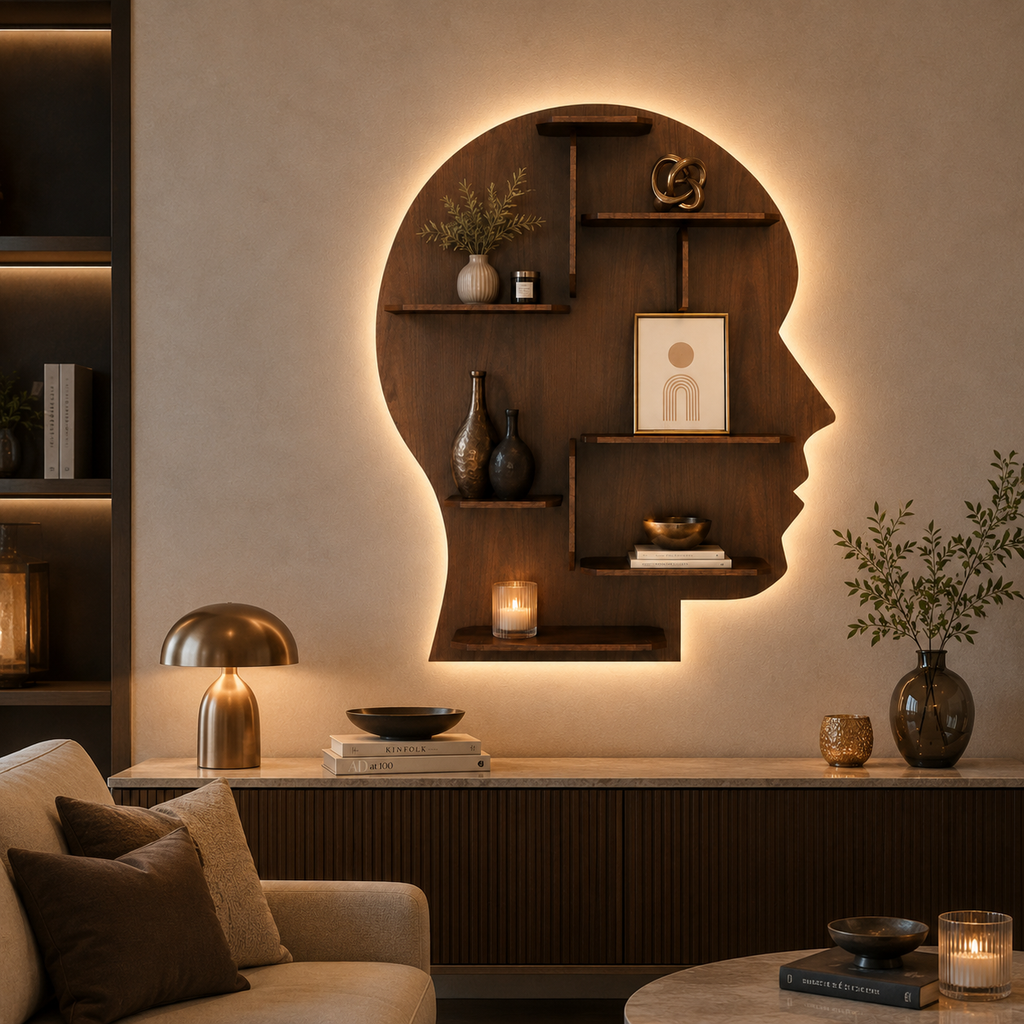 Man Backlit Designer Wooden Wall Shelf / Book Shelf, Walnut Finish
