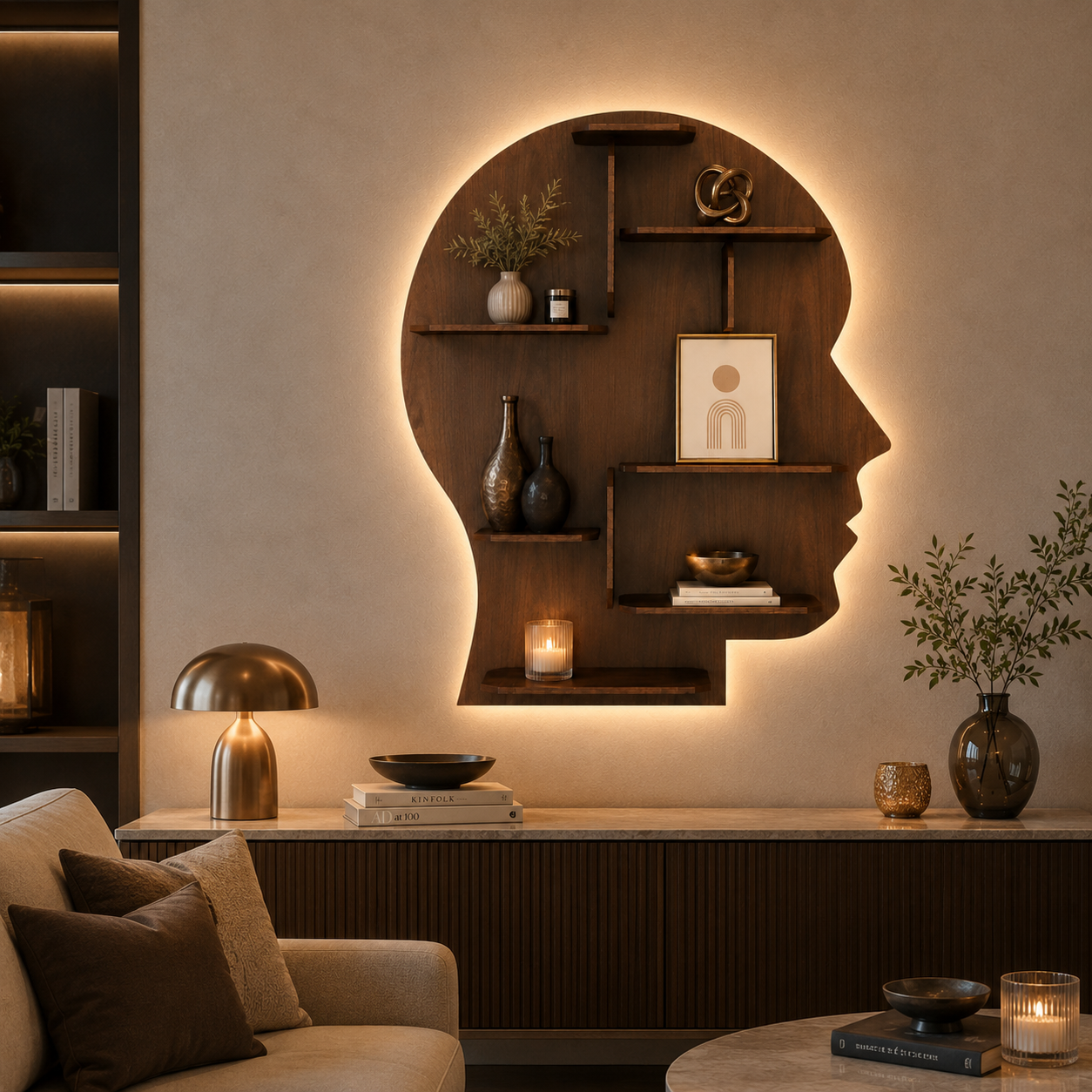 Man Backlit Designer Wooden Wall Shelf / Book Shelf, Walnut Finish