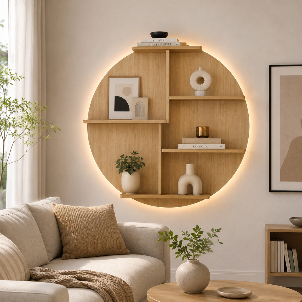 Circle Shape Backlit Designer Wooden Wall Shelf / Book Shelf / Night Light, Oak Finish