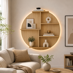 Circle Shape Backlit Designer Wooden Wall Shelf / Book Shelf / Night Light, Oak Finish