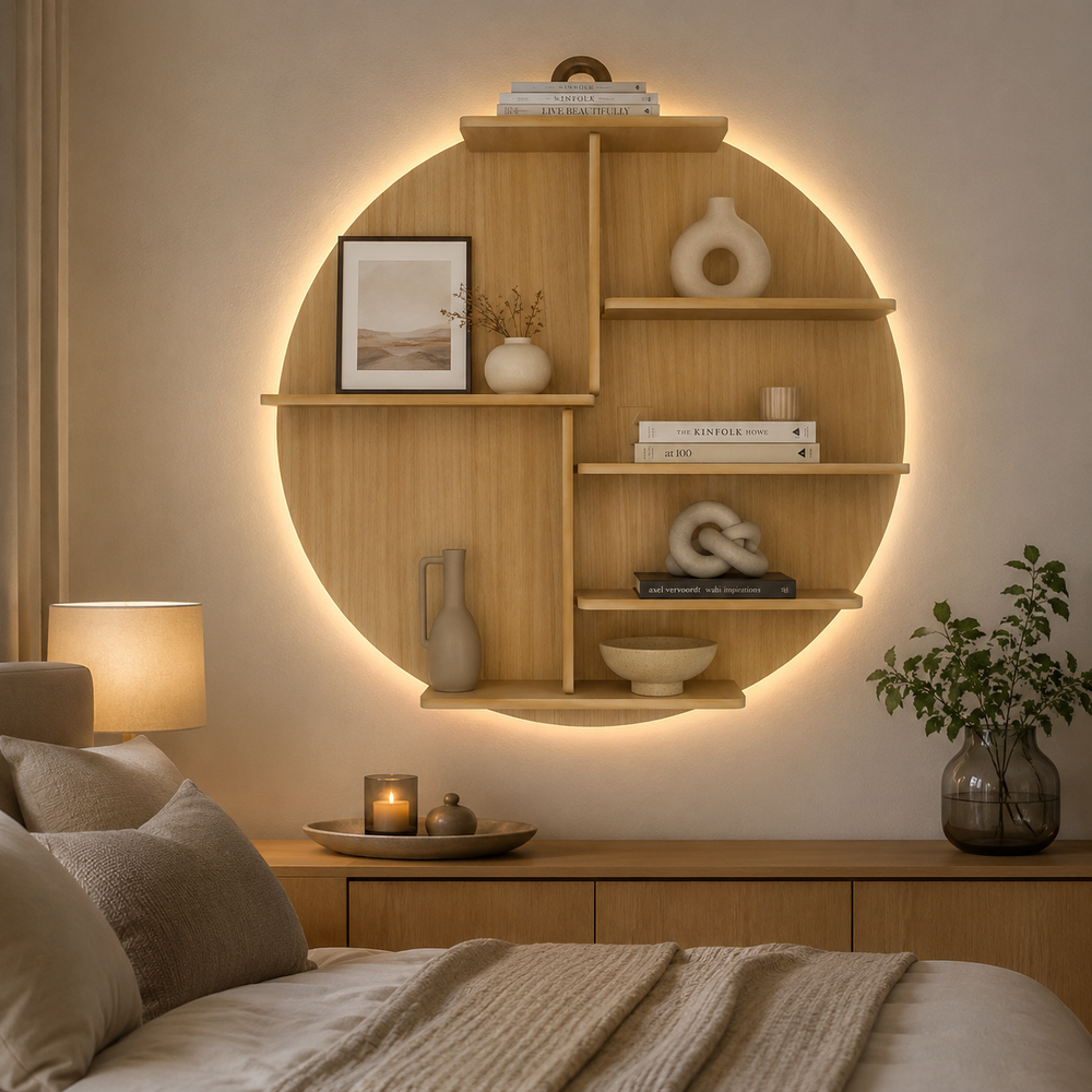Circle Shape Backlit Designer Wooden Wall Shelf / Book Shelf / Night Light, Oak Finish