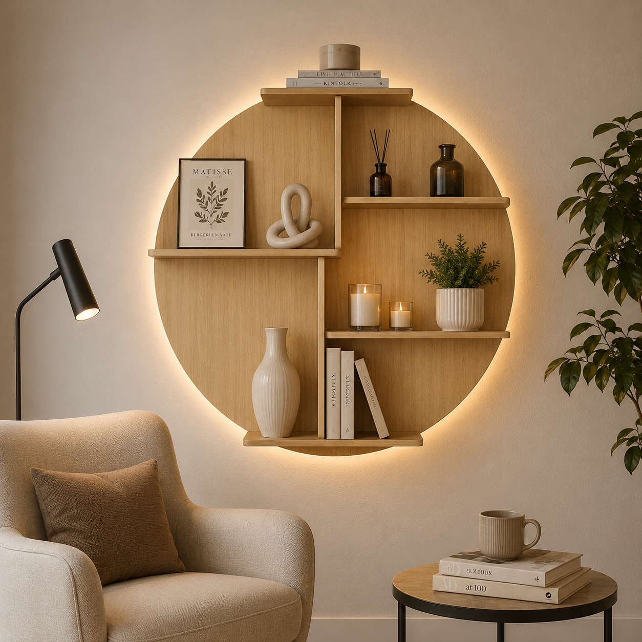 Circle Shape Backlit Designer Wooden Wall Shelf / Book Shelf / Night Light, Oak Finish