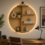 Circle Shape Backlit Designer Wooden Wall Shelf / Book Shelf / Night Light, Oak Finish