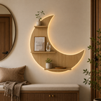 Moon Backlit Designer Wooden Wall Shelf / Book Shelf, Oak Finish